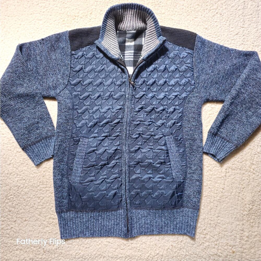 Msmsse Men's Full Zip Fleece Lined Sweater Jacket Blue Textured Knit Cardigan L